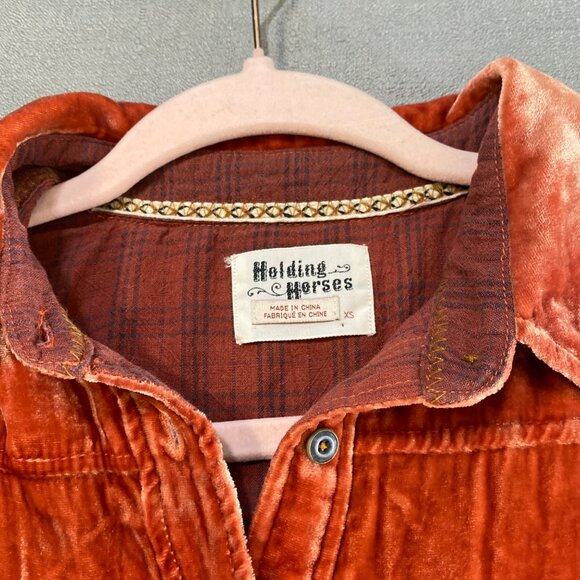 Anthro Holding Horses Rust Silk Blend Crushed Velvet Button Down Blouse Shirt XS - Picture 15 of 16
